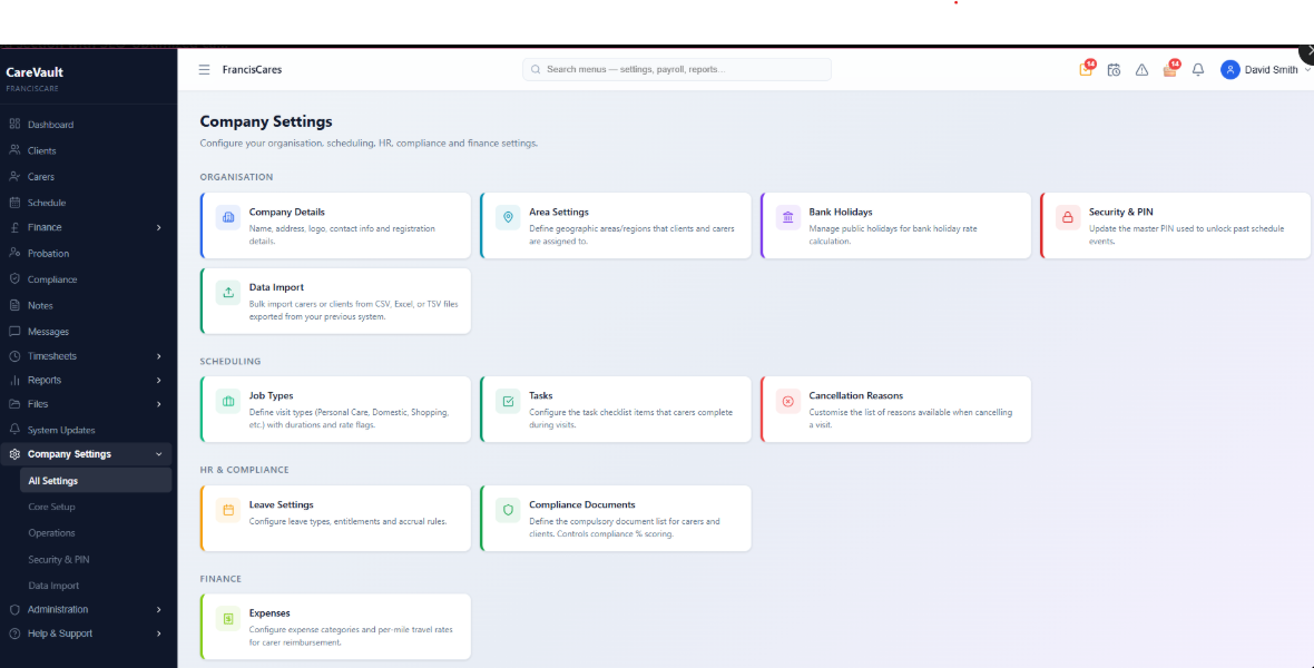 Settings — configure scheduling, HR, compliance, and finance